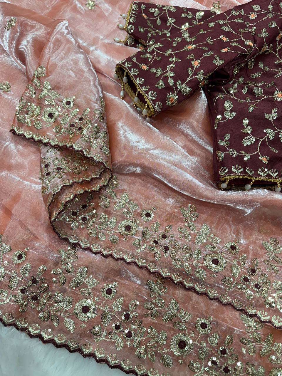 Luxury Organza Silk Saree With Heavy Floral Embroidered Border & Designer Sequins Blouse