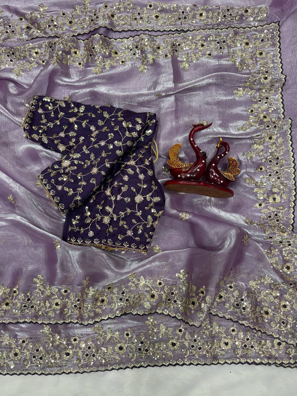 Luxury Organza Silk Saree With Heavy Floral Embroidered Border & Designer Sequins Blouse