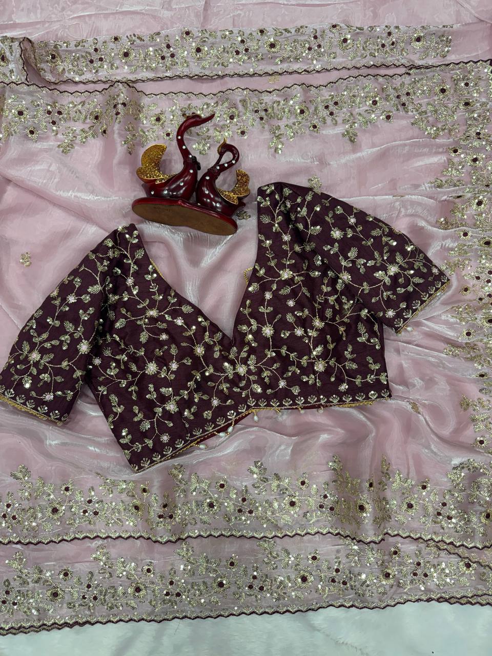 Luxury Organza Silk Saree With Heavy Floral Embroidered Border & Designer Sequins Blouse