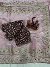 Luxury Organza Silk Saree With Heavy Floral Embroidered Border & Designer Sequins Blouse