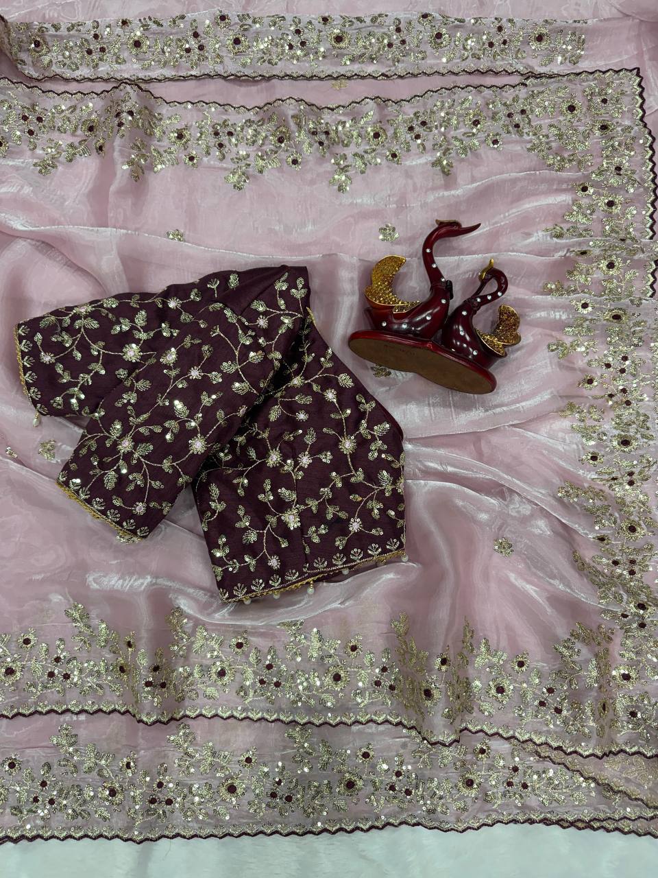 Luxury Organza Silk Saree With Heavy Floral Embroidered Border & Designer Sequins Blouse