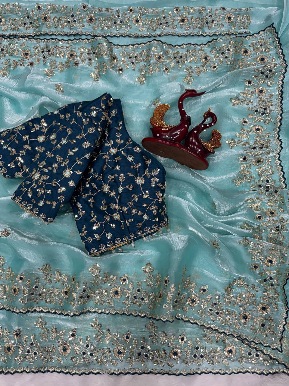 Luxury Organza Silk Saree With Heavy Floral Embroidered Border & Designer Sequins Blouse
