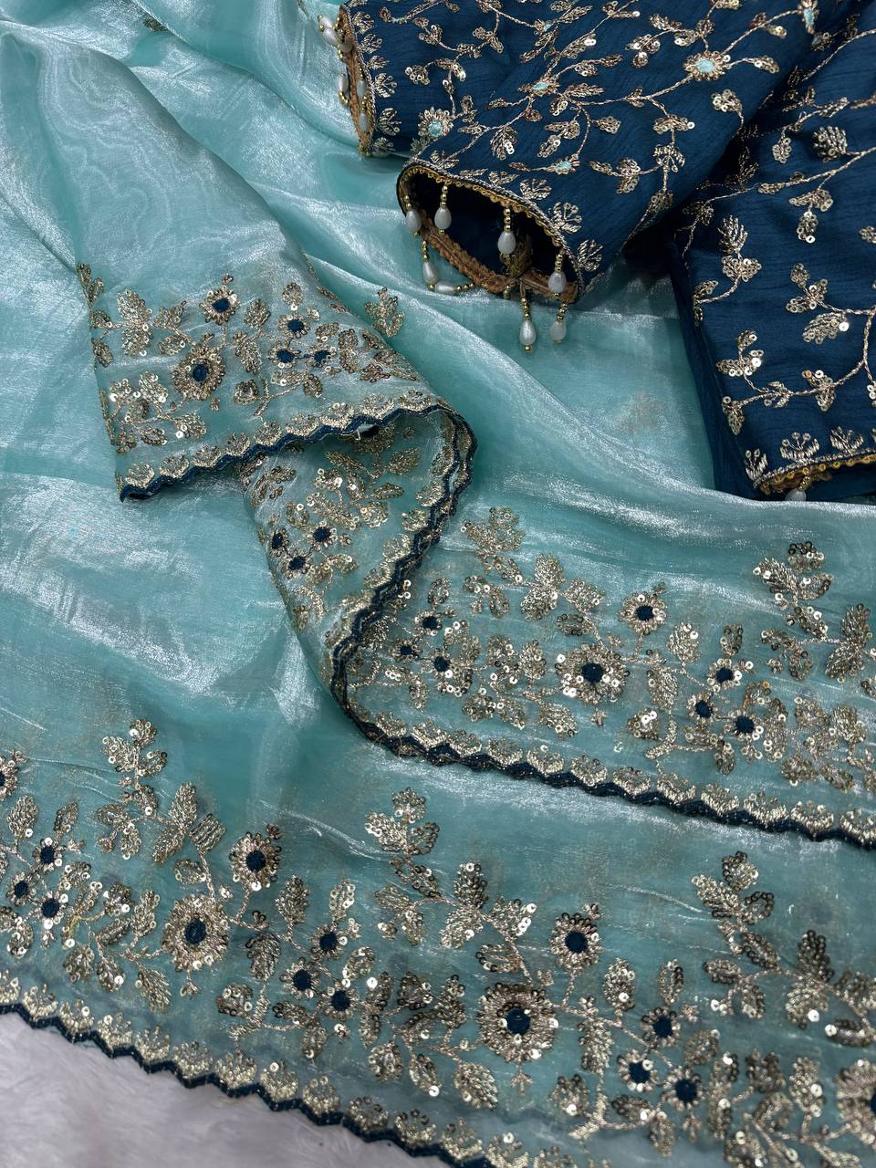 Luxury Organza Silk Saree With Heavy Floral Embroidered Border & Designer Sequins Blouse