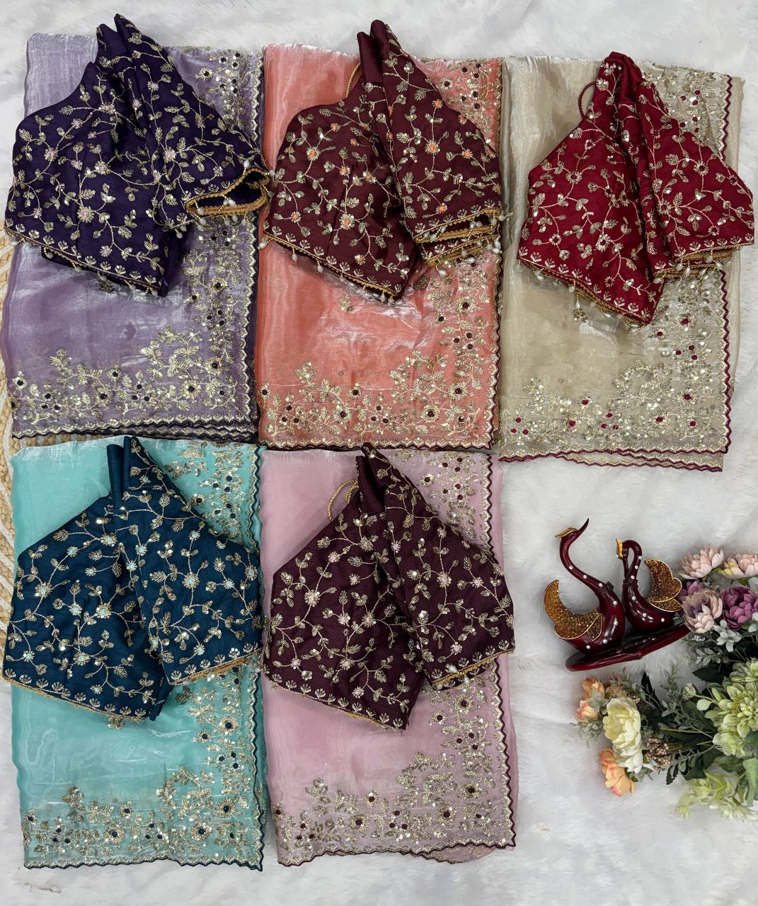Luxury Organza Silk Saree With Heavy Floral Embroidered Border & Designer Sequins Blouse