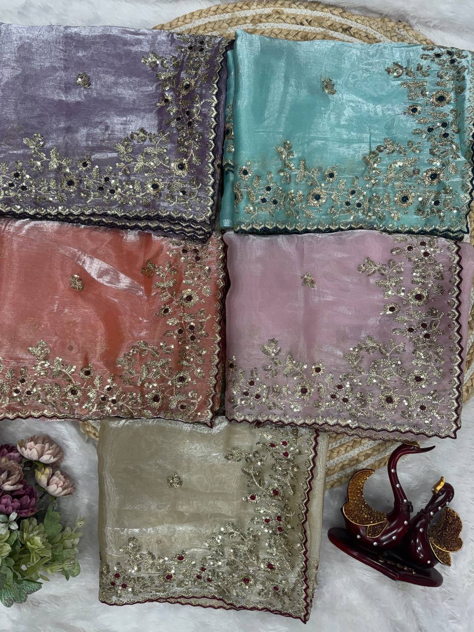 Luxury Organza Silk Saree With Heavy Floral Embroidered Border & Designer Sequins Blouse