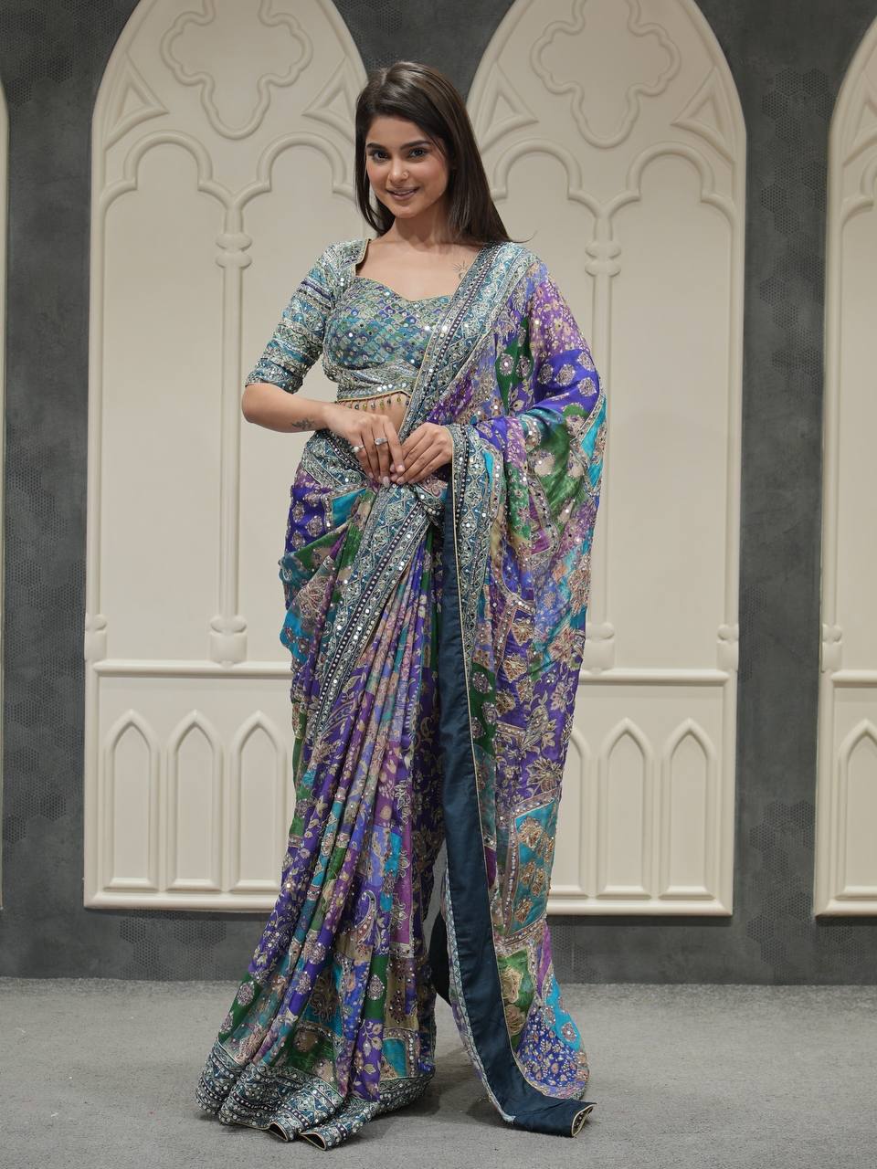 Premium Multicolor Printed Saree With Mirror Work Border & Designer Blouse Ethnic Saree