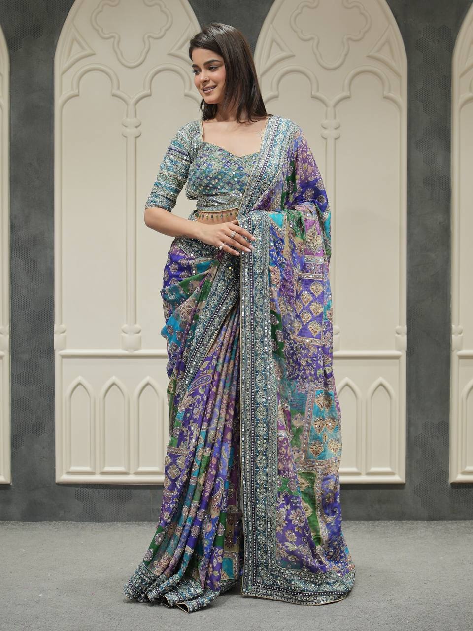 Premium Multicolor Printed Saree With Mirror Work Border & Designer Blouse Ethnic Saree