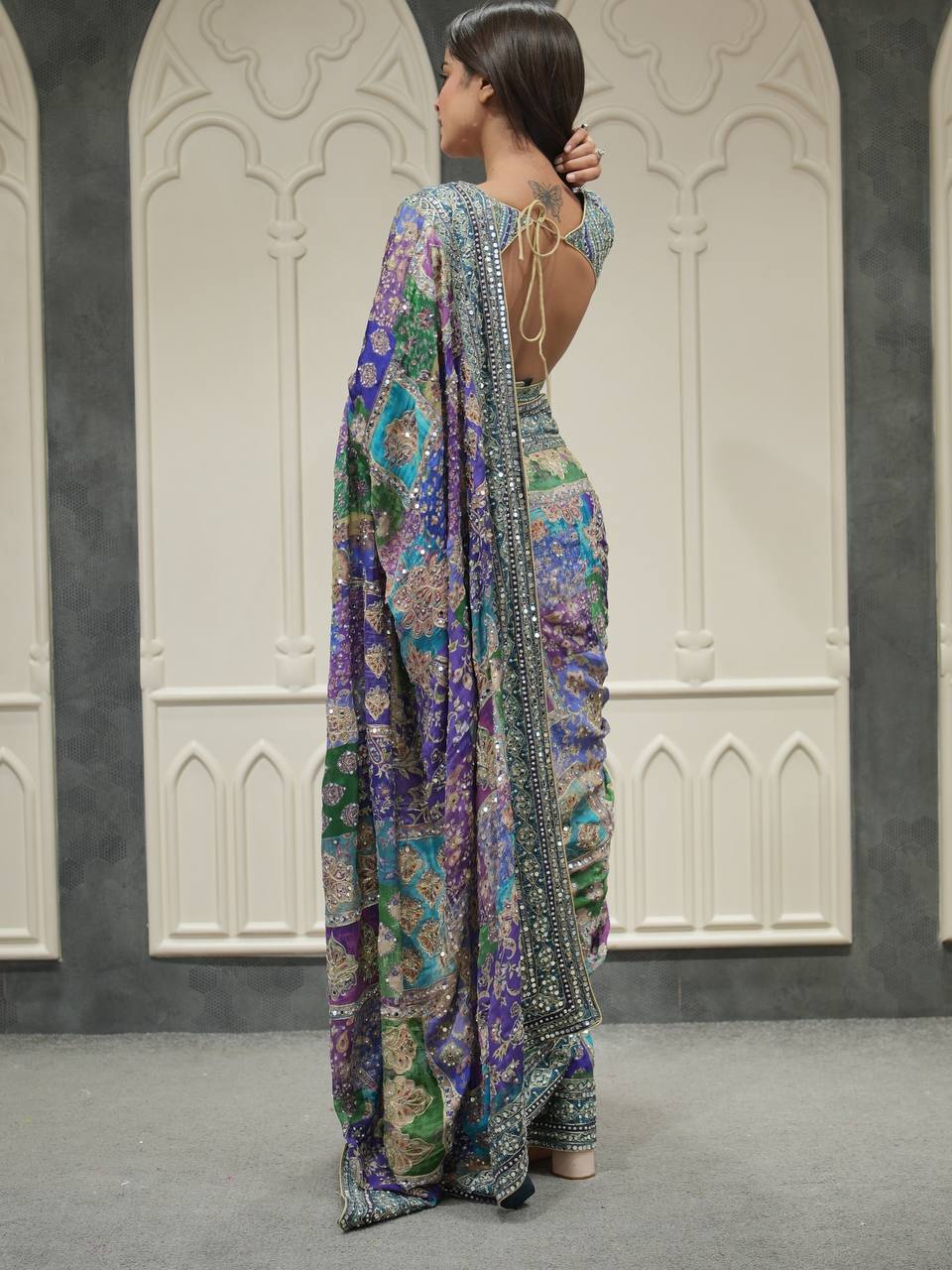Premium Multicolor Printed Saree With Mirror Work Border & Designer Blouse Ethnic Saree