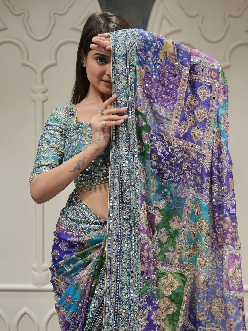 Premium Multicolor Printed Saree With Mirror Work Border & Designer Blouse Ethnic Saree