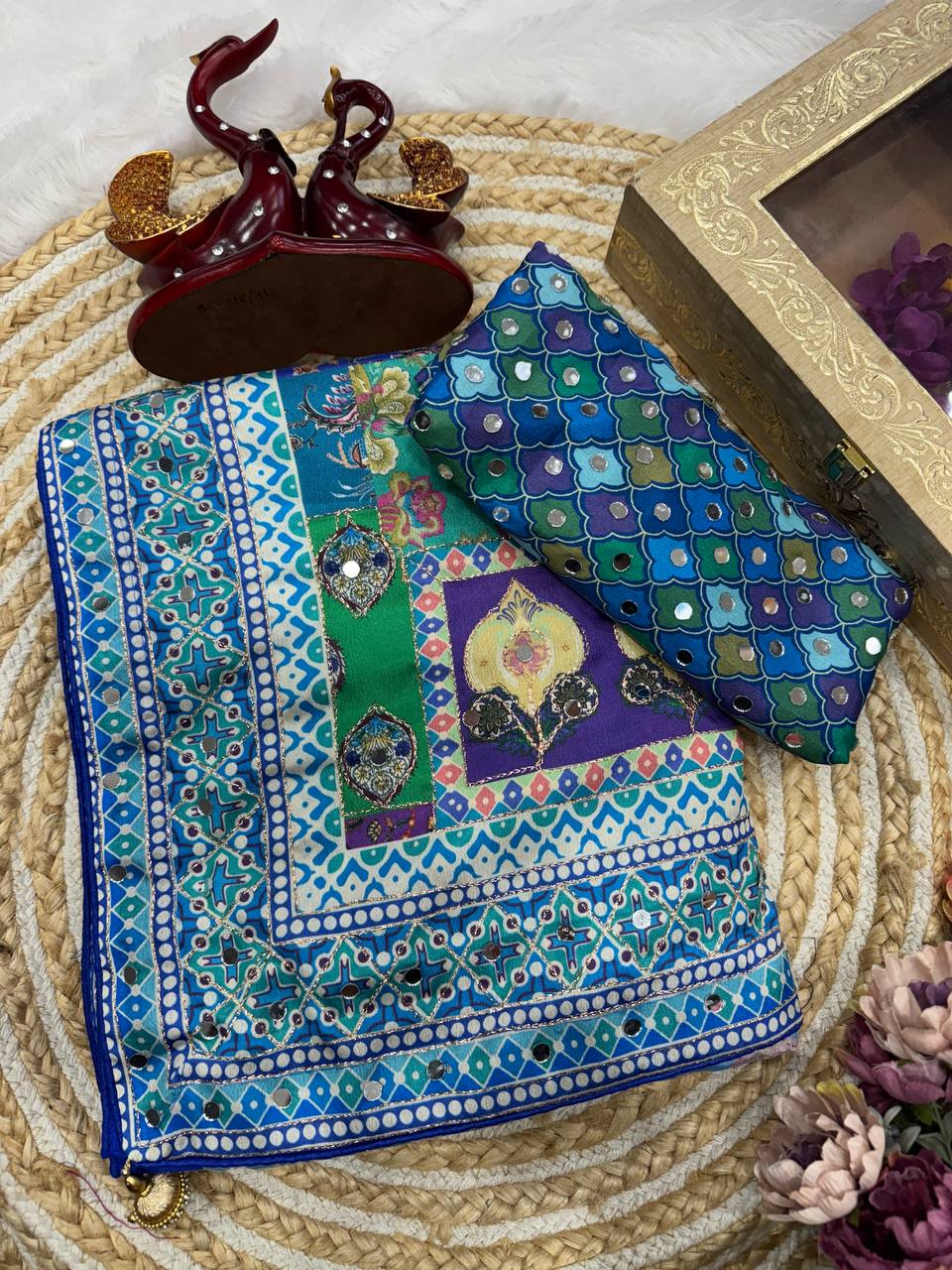 Premium Multicolor Printed Saree With Mirror Work Border & Designer Blouse Ethnic Saree