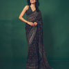 Premium Navy Blue Printed Saree With Mirror Work & Designer Ethnic Blouse