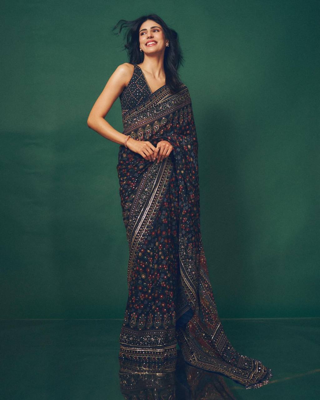 Premium Navy Blue Printed Saree With Mirror Work & Designer Ethnic Blouse