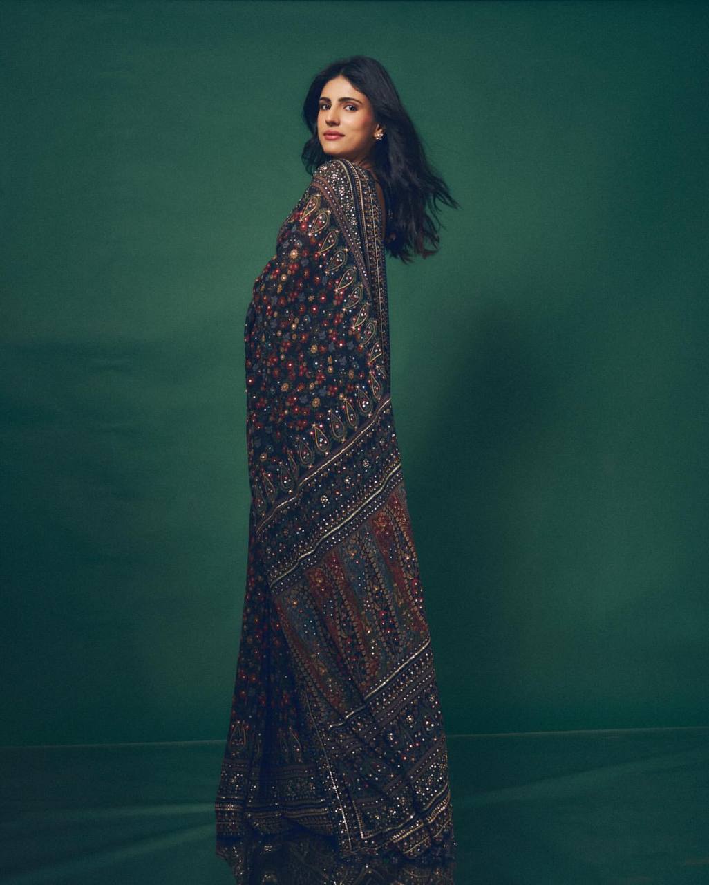 Premium Navy Blue Printed Saree With Mirror Work & Designer Ethnic Blouse