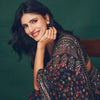 Premium Navy Blue Printed Saree With Mirror Work & Designer Ethnic Blouse