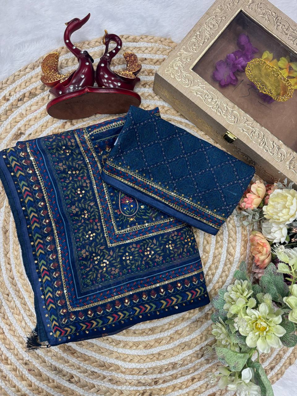 Premium Navy Blue Printed Saree With Mirror Work & Designer Ethnic Blouse