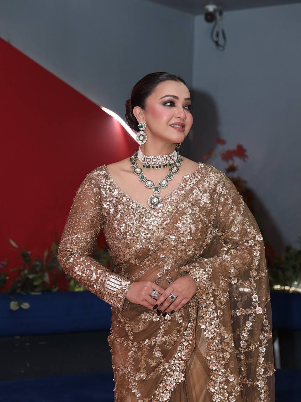 Luxury Golden Net Saree With Heavy Sequins & Cutwork Designer Partywear Saree