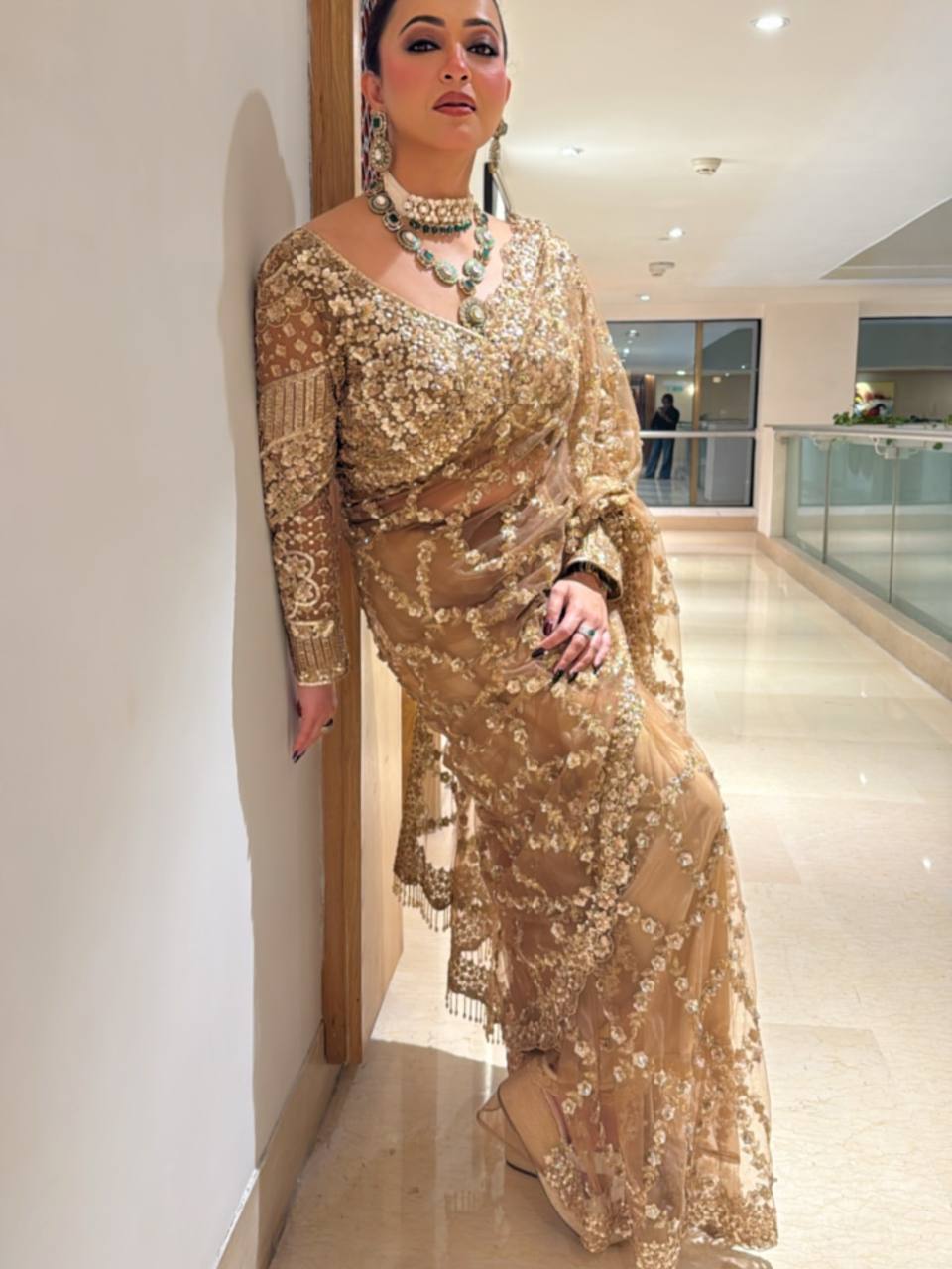 Luxury Golden Net Saree With Heavy Sequins & Cutwork Designer Partywear Saree