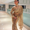 Luxury Golden Net Saree With Heavy Sequins & Cutwork Designer Partywear Saree