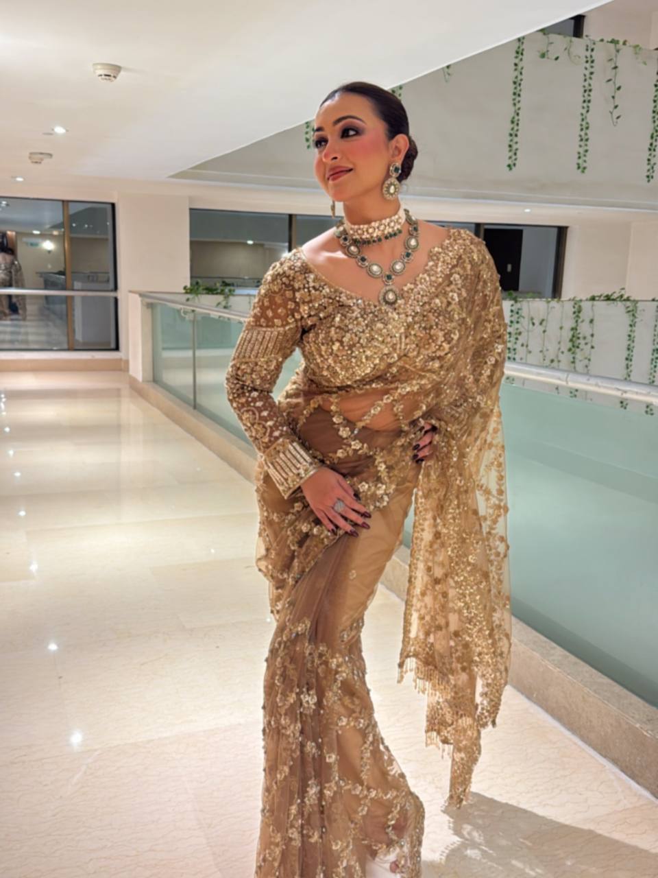 Luxury Golden Net Saree With Heavy Sequins & Cutwork Designer Partywear Saree