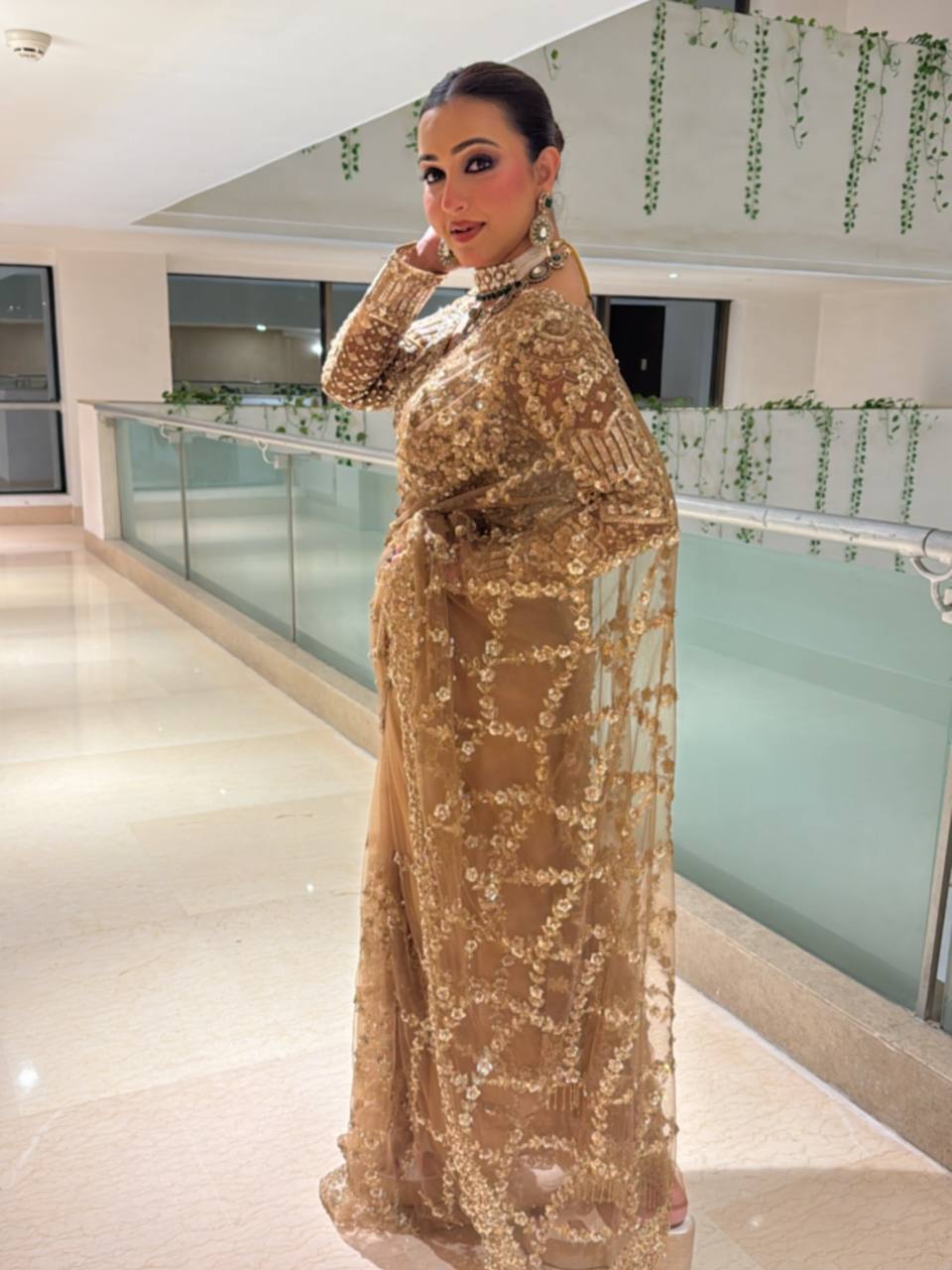 Luxury Golden Net Saree With Heavy Sequins & Cutwork Designer Partywear Saree