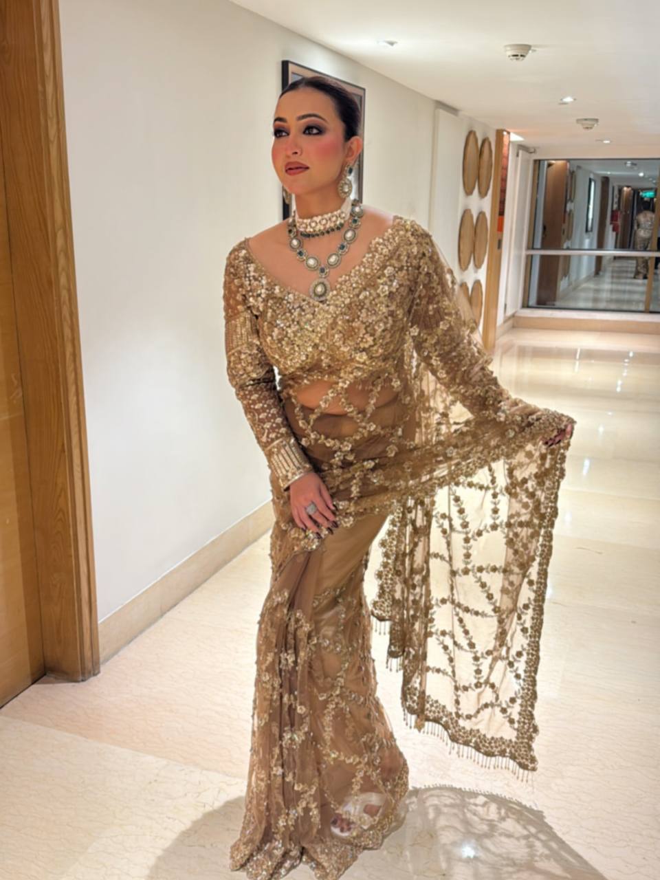 Luxury Golden Net Saree With Heavy Sequins & Cutwork Designer Partywear Saree
