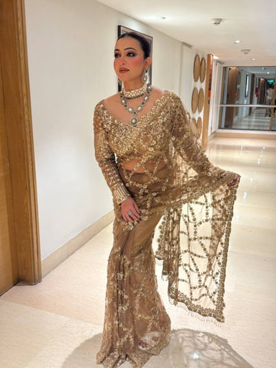 Luxury Golden Net Saree With Heavy Sequins & Cutwork Designer Partywear Saree