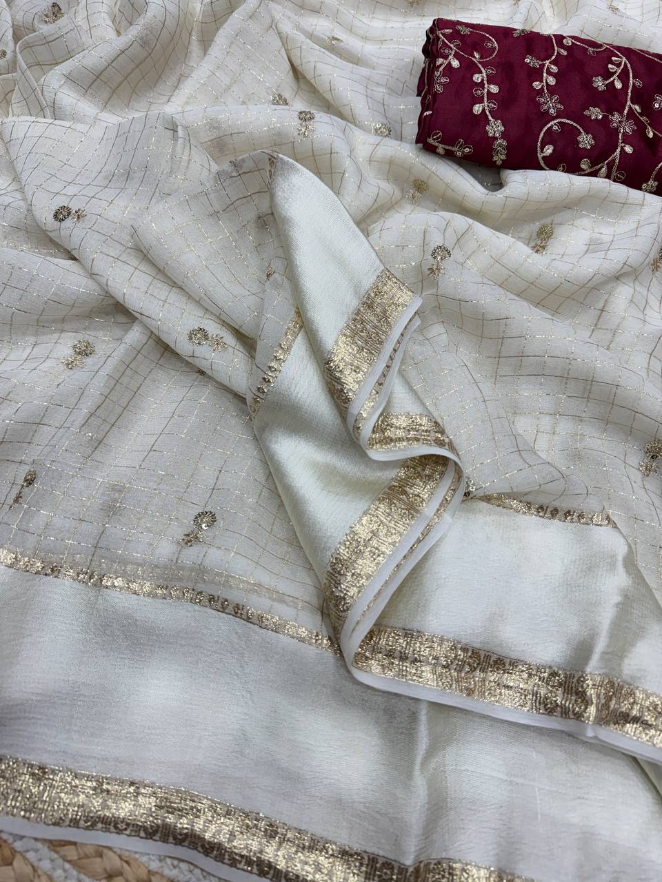 Luxury White Shimmer Organza Saree With Sequins Checks Work & Designer Blouse