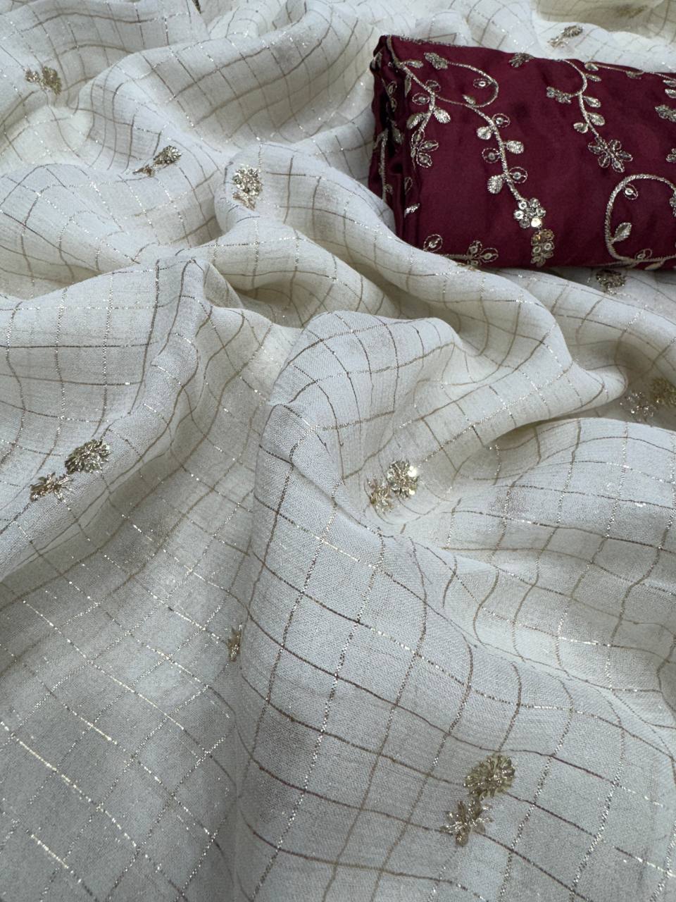 Luxury White Shimmer Organza Saree With Sequins Checks Work & Designer Blouse