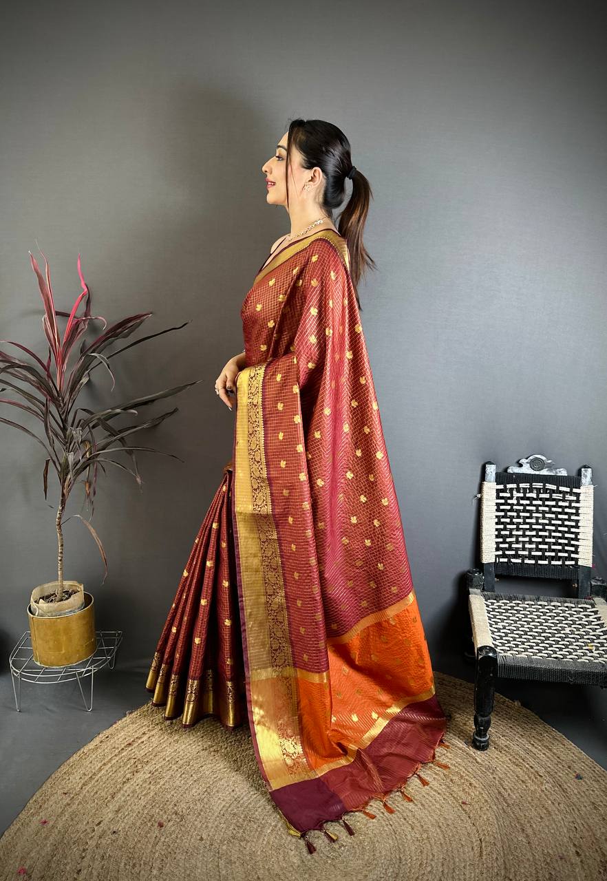 Elegant Maroon & Orange Dual Tone Banarasi Silk Saree with Golden Butti & Rich Zari Border | Premium Festive Wear