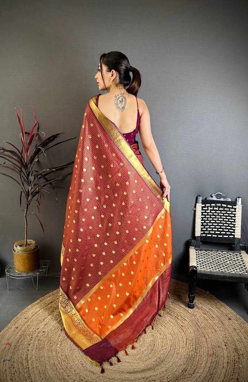 Elegant Maroon & Orange Dual Tone Banarasi Silk Saree with Golden Butti & Rich Zari Border | Premium Festive Wear