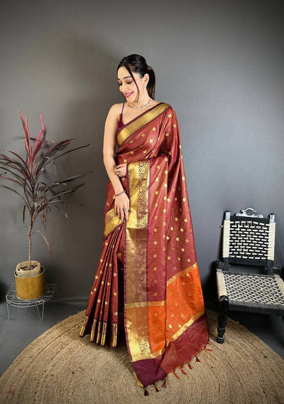 Elegant Maroon & Orange Dual Tone Banarasi Silk Saree with Golden Butti & Rich Zari Border | Premium Festive Wear