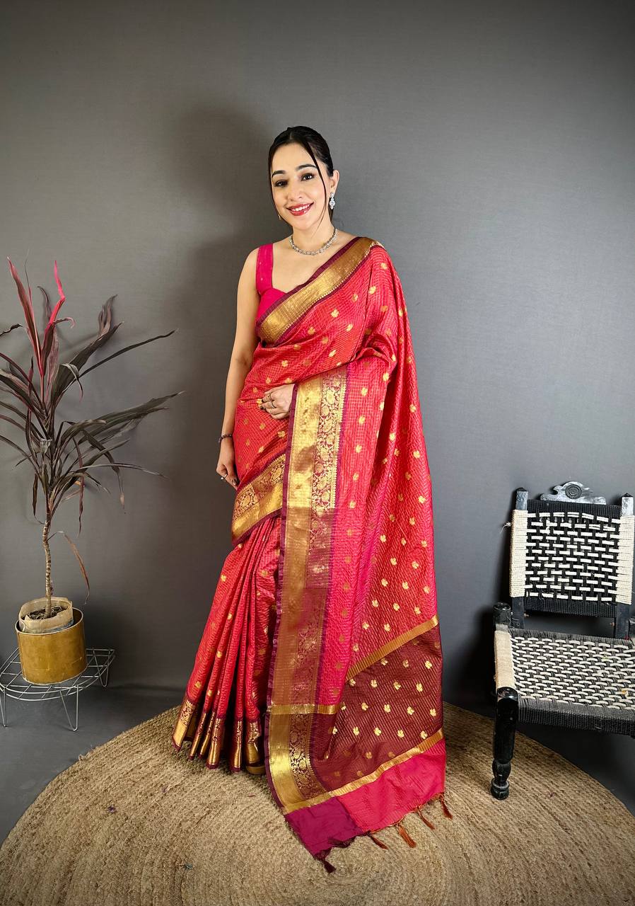 Vibrant Rani Pink & Maroon Dual Tone Banarasi Silk Saree with Golden Butti & Rich Zari Border | Premium Festive Wear
