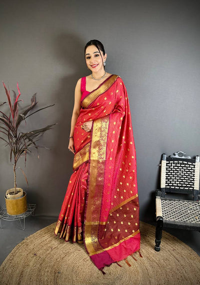 Vibrant Rani Pink & Maroon Dual Tone Banarasi Silk Saree with Golden Butti & Rich Zari Border | Premium Festive Wear