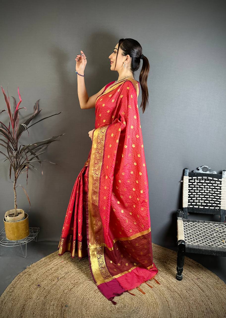 Vibrant Rani Pink & Maroon Dual Tone Banarasi Silk Saree with Golden Butti & Rich Zari Border | Premium Festive Wear