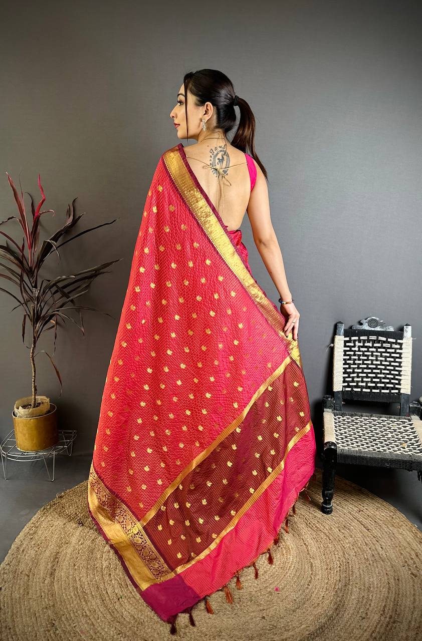 Vibrant Rani Pink & Maroon Dual Tone Banarasi Silk Saree with Golden Butti & Rich Zari Border | Premium Festive Wear
