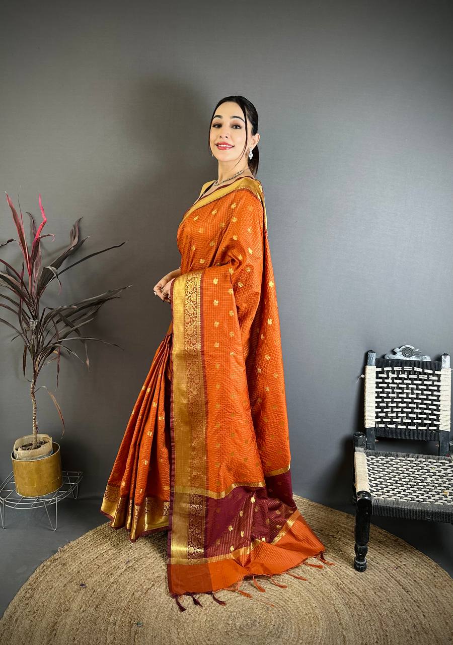 Radiant Orange & Maroon Dual Tone Banarasi Silk Saree with Golden Butti & Rich Zari Border | Premium Wedding Wear