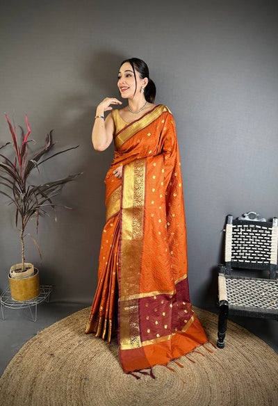 Radiant Orange & Maroon Dual Tone Banarasi Silk Saree with Golden Butti & Rich Zari Border | Premium Wedding Wear