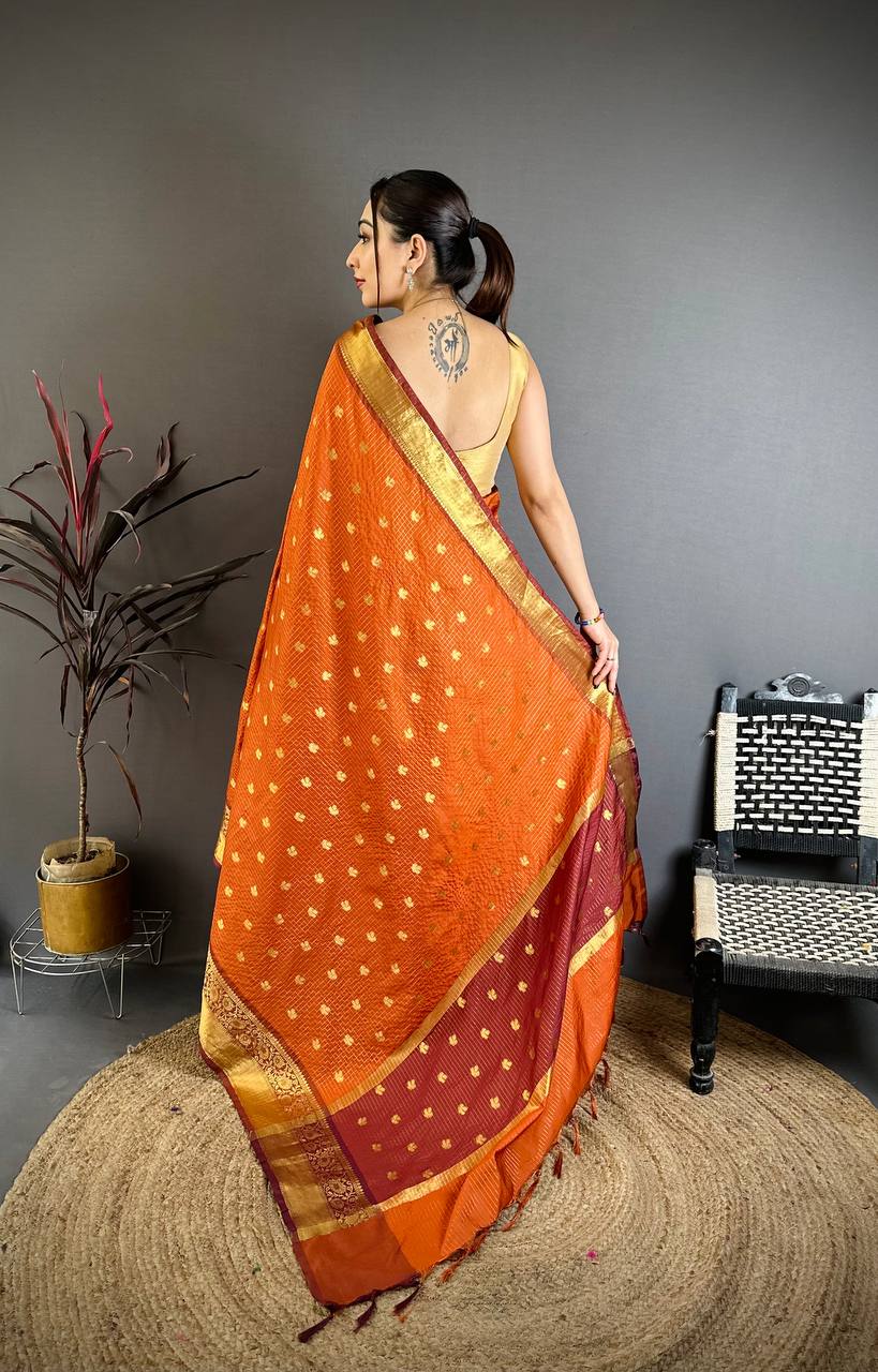 Radiant Orange & Maroon Dual Tone Banarasi Silk Saree with Golden Butti & Rich Zari Border | Premium Wedding Wear