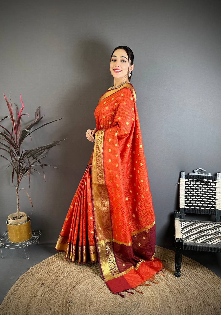 Bright Orange & Wine Maroon Dual Tone Banarasi Silk Saree with Golden Butti & Rich Zari Border | Premium Festive Wear