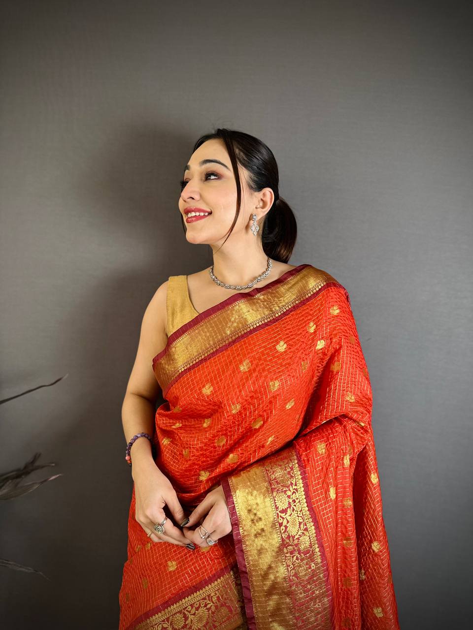 Bright Orange & Wine Maroon Dual Tone Banarasi Silk Saree with Golden Butti & Rich Zari Border | Premium Festive Wear