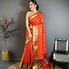 Bright Orange & Wine Maroon Dual Tone Banarasi Silk Saree with Golden Butti & Rich Zari Border | Premium Festive Wear