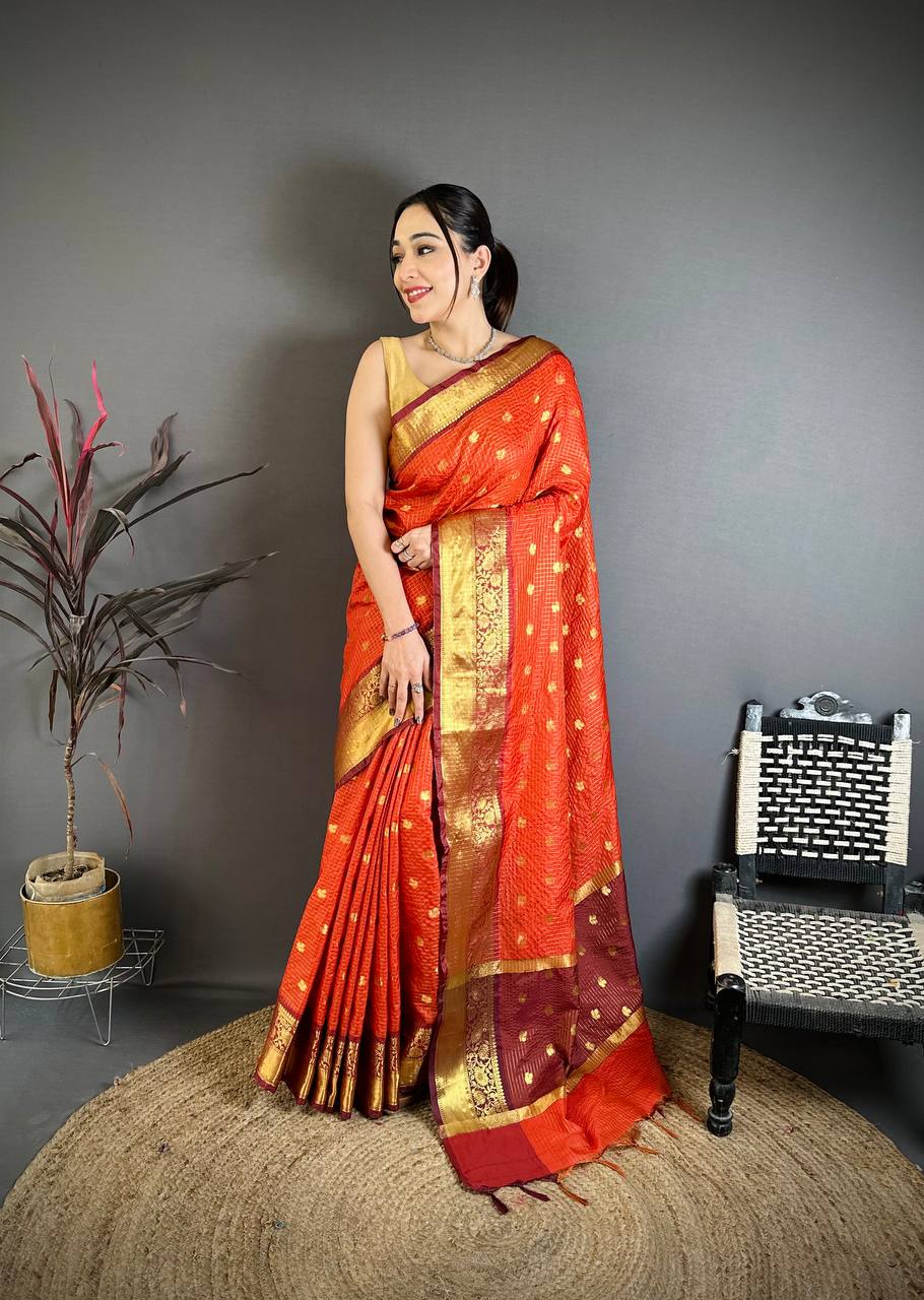 Bright Orange & Wine Maroon Dual Tone Banarasi Silk Saree with Golden Butti & Rich Zari Border | Premium Festive Wear