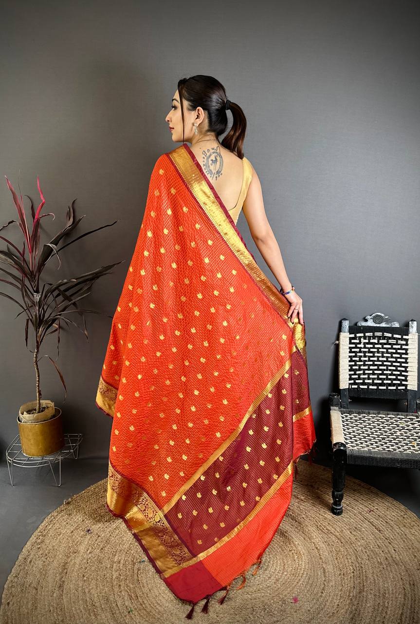 Bright Orange & Wine Maroon Dual Tone Banarasi Silk Saree with Golden Butti & Rich Zari Border | Premium Festive Wear