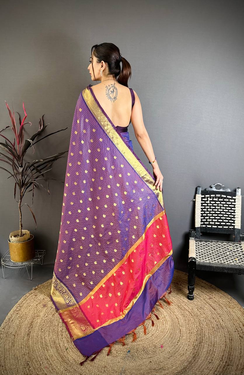 Royal Purple & Rani Pink Dual Tone Banarasi Silk Saree with Golden Butti & Rich Zari Border | Premium Festive Wear