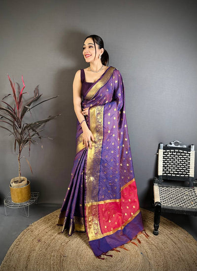 Royal Purple & Rani Pink Dual Tone Banarasi Silk Saree with Golden Butti & Rich Zari Border | Premium Festive Wear