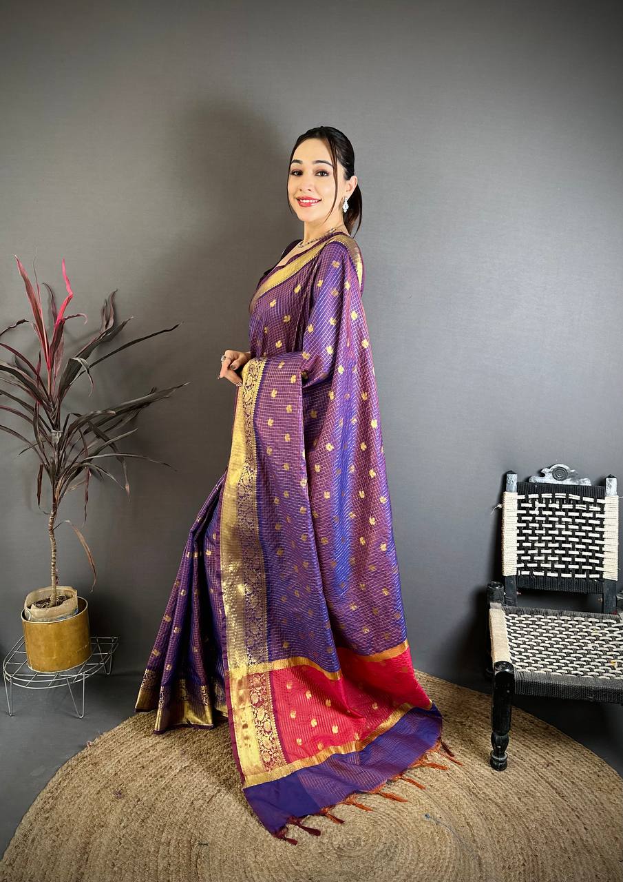Royal Purple & Rani Pink Dual Tone Banarasi Silk Saree with Golden Butti & Rich Zari Border | Premium Festive Wear