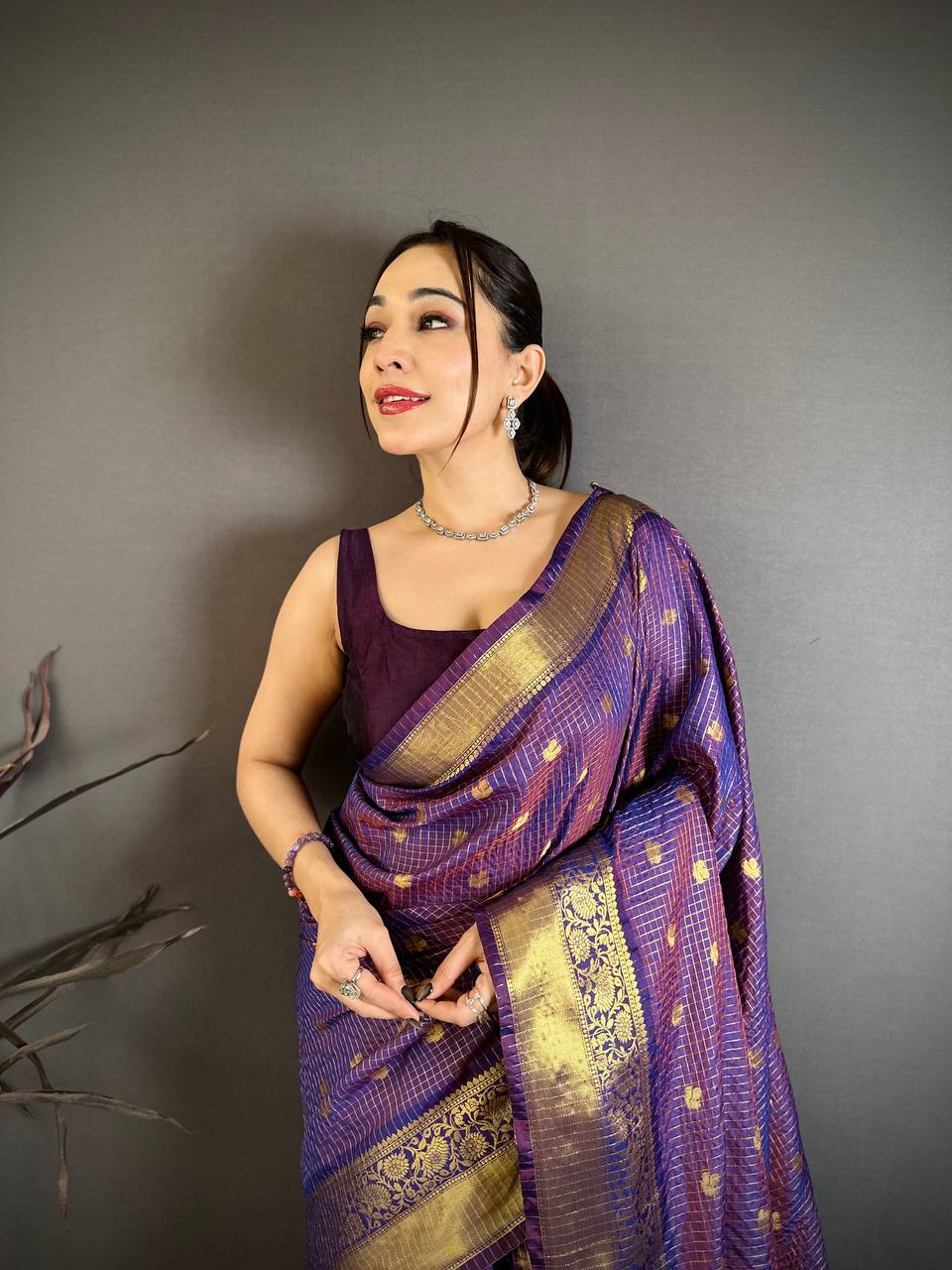 Royal Purple & Rani Pink Dual Tone Banarasi Silk Saree with Golden Butti & Rich Zari Border | Premium Festive Wear