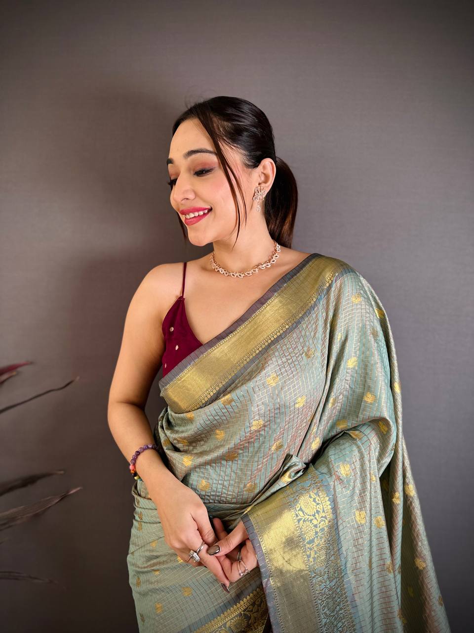 Pastel Mint Green & Maroon Dual Tone Banarasi Silk Saree with Golden Butti & Rich Zari Border | Premium Festive Wear