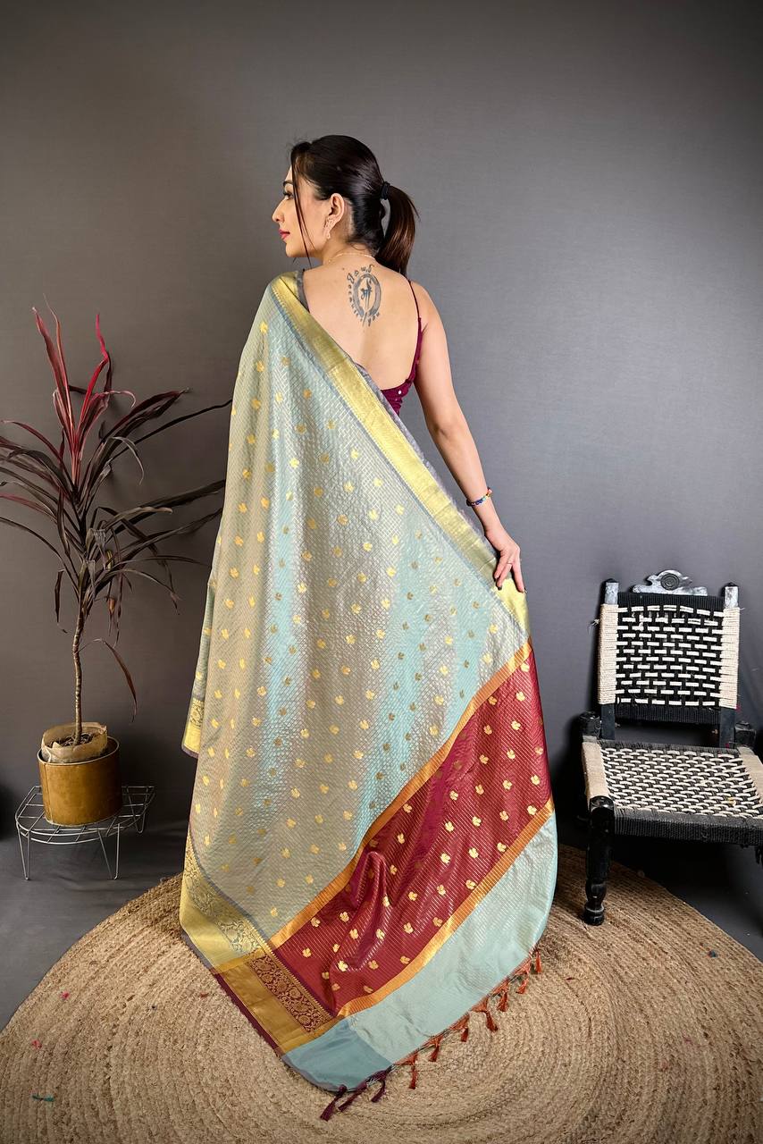 Pastel Mint Green & Maroon Dual Tone Banarasi Silk Saree with Golden Butti & Rich Zari Border | Premium Festive Wear