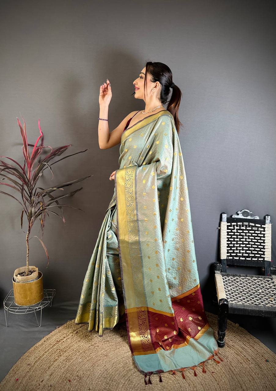 Pastel Mint Green & Maroon Dual Tone Banarasi Silk Saree with Golden Butti & Rich Zari Border | Premium Festive Wear